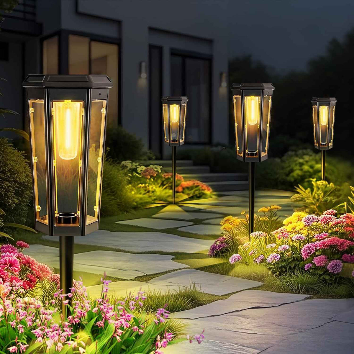 Solar Pathway Lights Outdoor, 4 Pack Bright Solar Lights Outdoor Waterproof, Bright Up to 10 Hrs, Auto On/Off Garden Lights for Yard, Landscape, Driveway, Walkway with 2 Lighting Modes