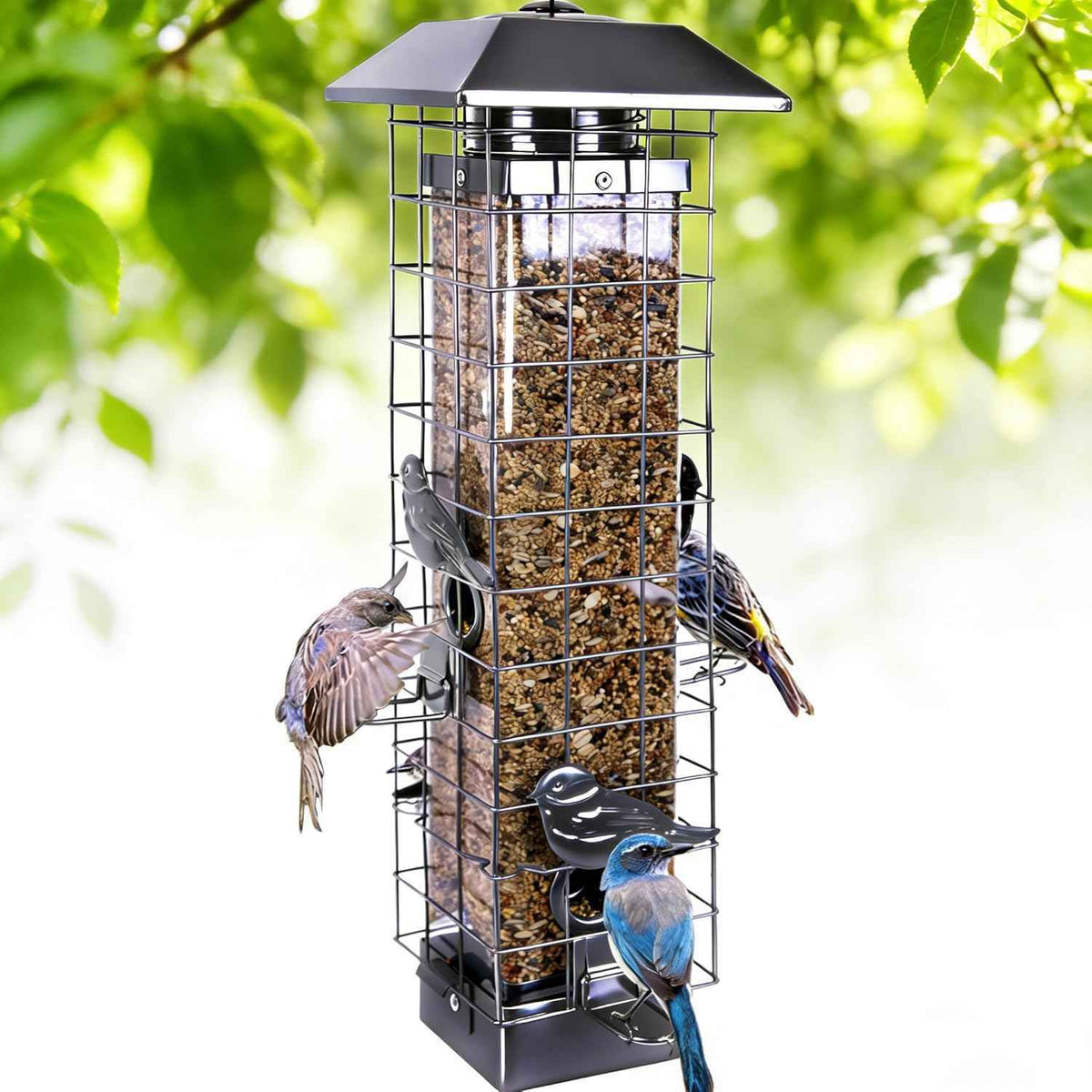 Squirrel Proof Bird Feeders for Outdoors, Metal Wild Bird Feeder for Outside Hanging, 4 Ports Perches, 3LB Large Capacity(Gray)