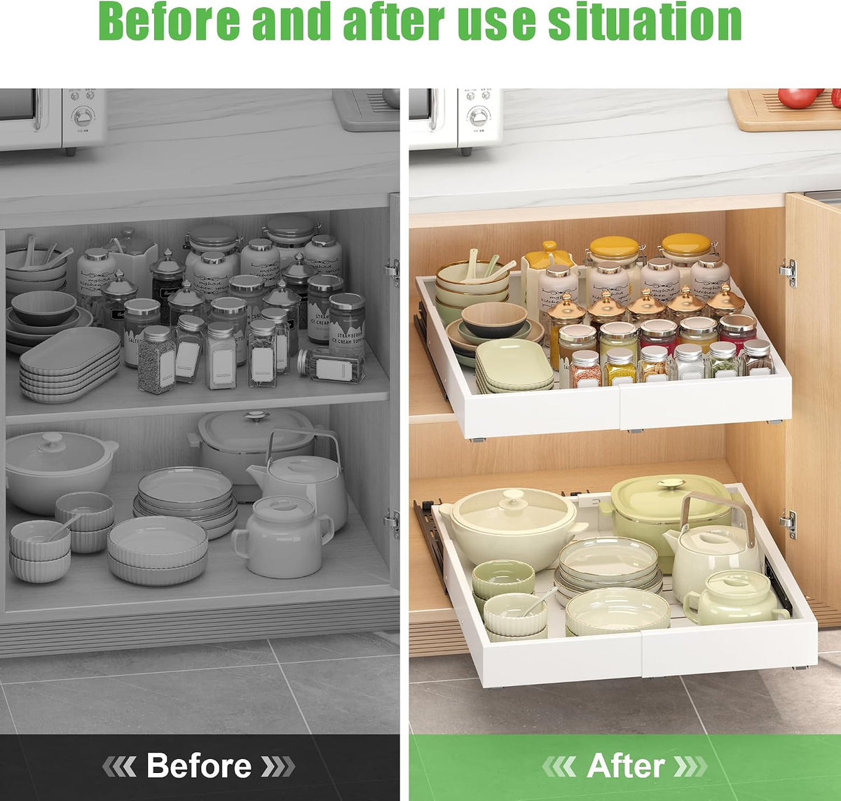 1 Pcs Pull Out Drawers for Cabinets Organizer Expandable Width(11.8"-19.4"), Depth(16.45"-21.7") With 3 Rails, No Drill Roll Out Drawer, Adhesive Sliding Drawers - Field & Nook