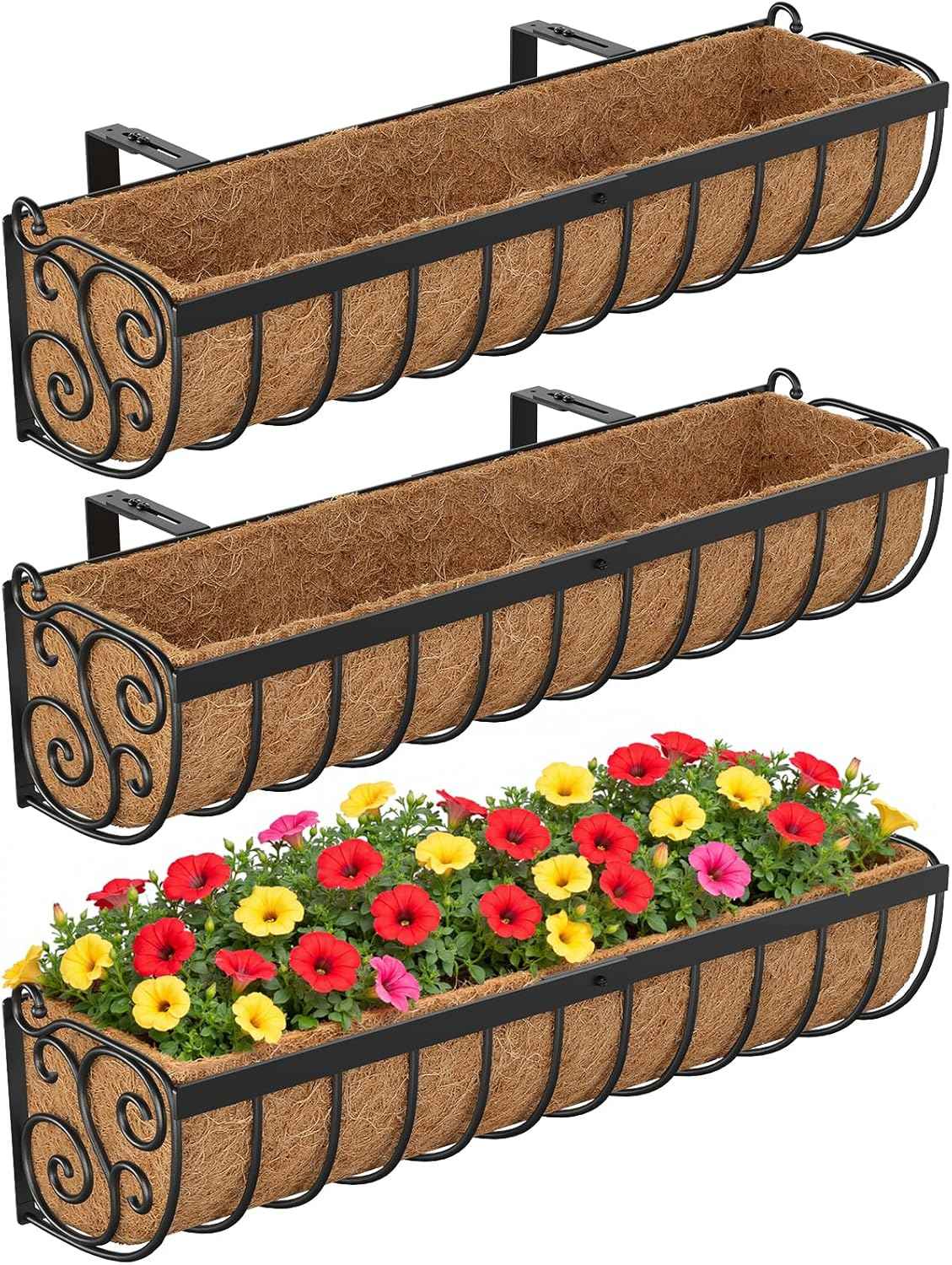 VOXOR Railing Planter Boxes, 30 Inch Window Boxes Planters, Balcony Planters with Adjustable Brackets & Coco Liner & Support Rod for Outdoor Fence, Deck, Porch, and Patio Gardening, 3 Pack