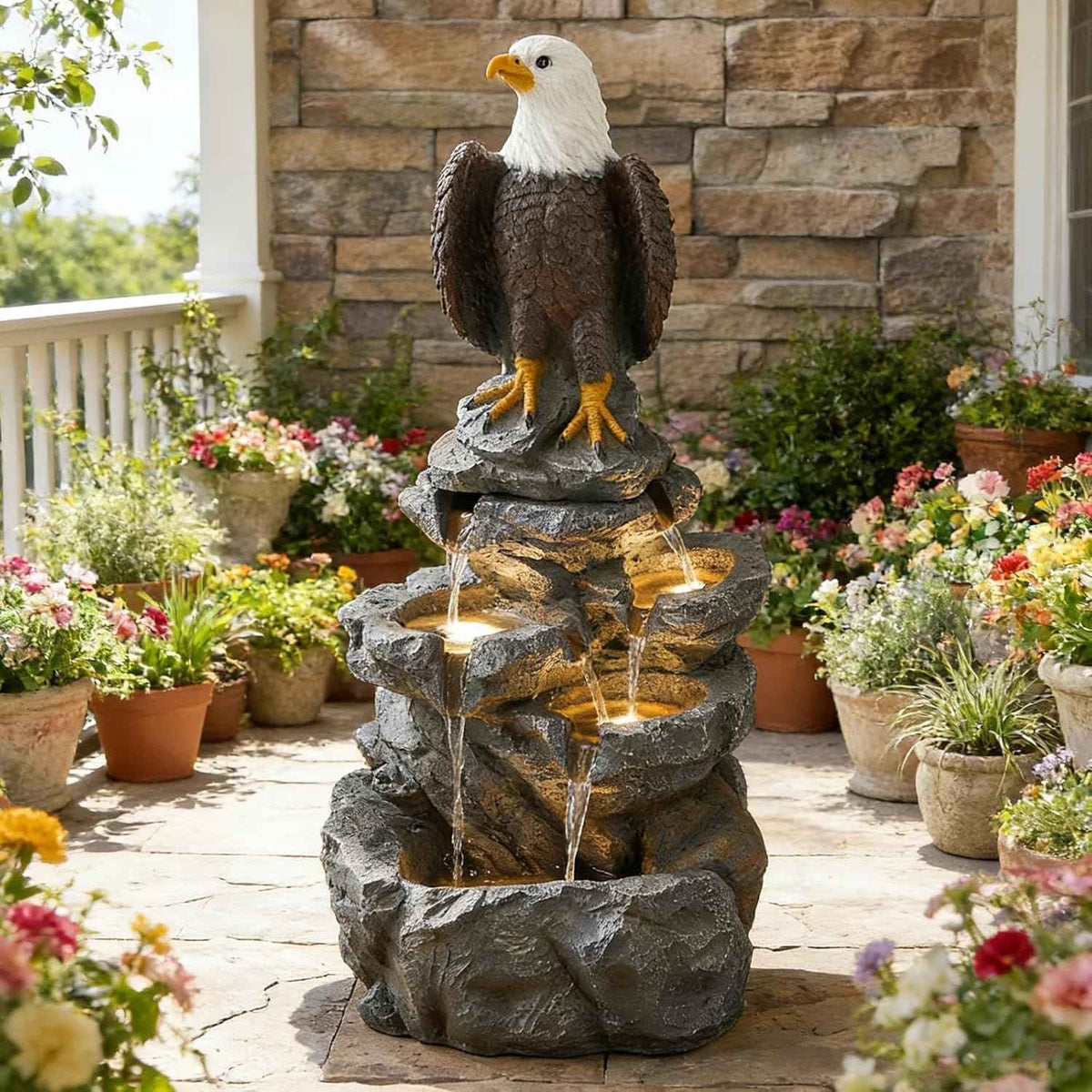 5 Tier Garden Fountain with Bald Eagle Statue, Outdoor Resin Water Feature with 4 LED Lights & Pump, Rock Cascading Waterfall Fountain for Patio Yard Porch Balcony and Home Art Decor