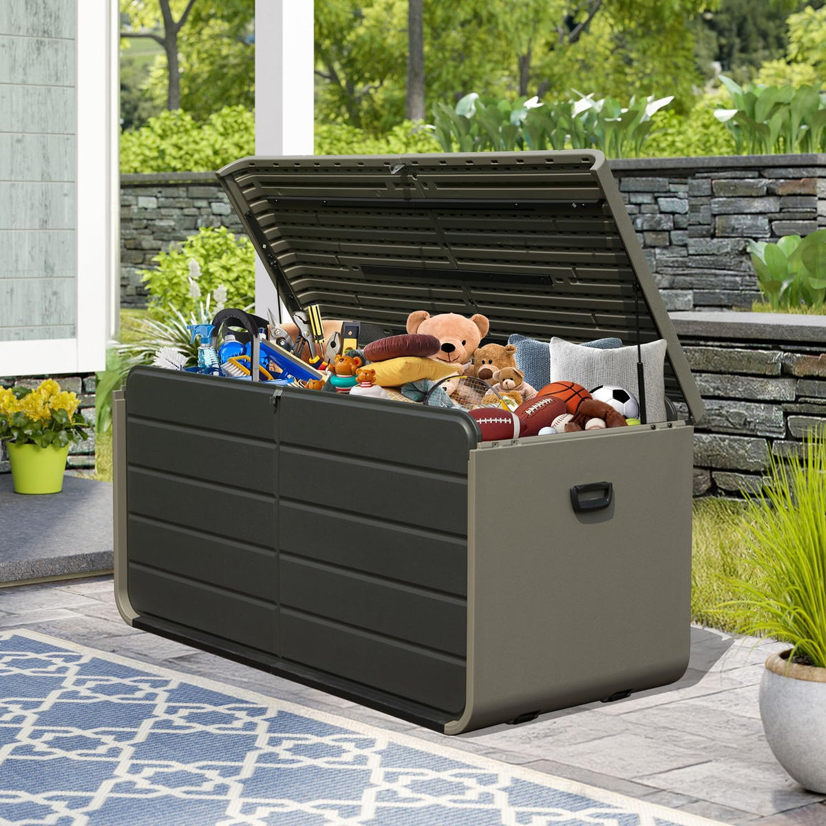 Domi 200 Gallon Outdoor Storage Box – Waterproof, UV-Resistant Deck Box with Lockable Lid for Patio Furniture, Garden Tools, Delivery Packages (Large Resin Storage Bin)