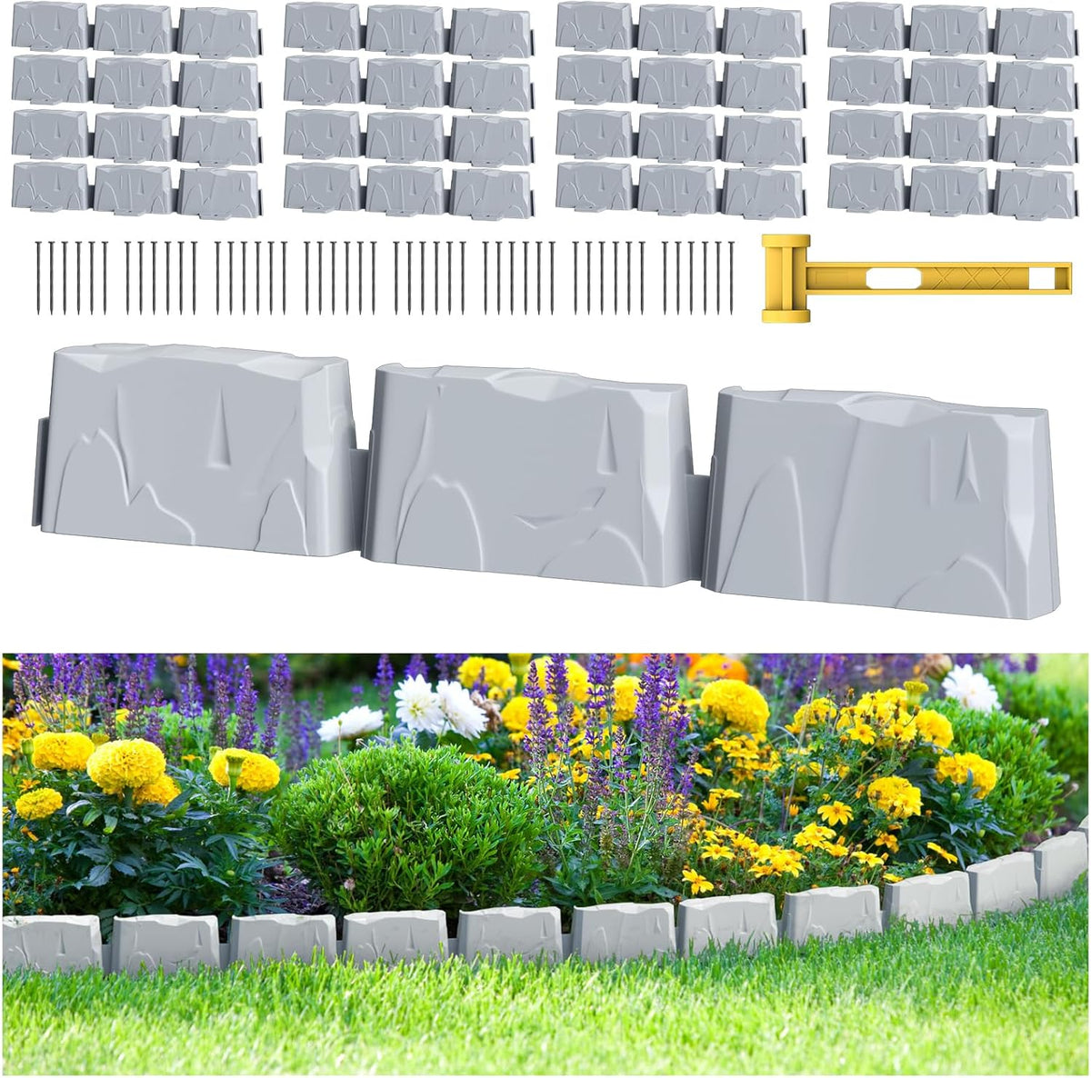 16 Pack(24FT) Landscape Edging w/ 48 Spikes | Flexible Plastic Border for Outdoor, Walkway, Lawn & Weed Control | 24" L x 3" H Faux Stone Edging for Landscaping,Garden Edging Border Stone(Gray) 