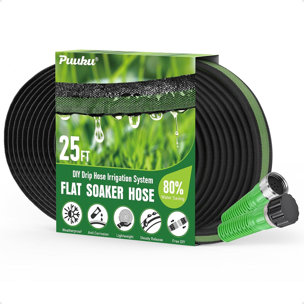 Flat Soaker Hose 25ft for Garden and Lawns, 80% Water-Saving Drip Irrigation Hose with Anodized Aluminum Ends, Flexible Leakproof Double Layer Gardening Hoses 