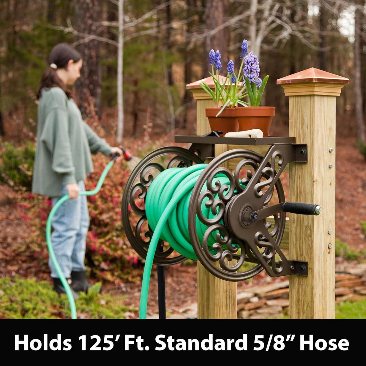 Decorative Wall-Mount Steel Garden Hose Reel – Holds 125 ft, Bronze