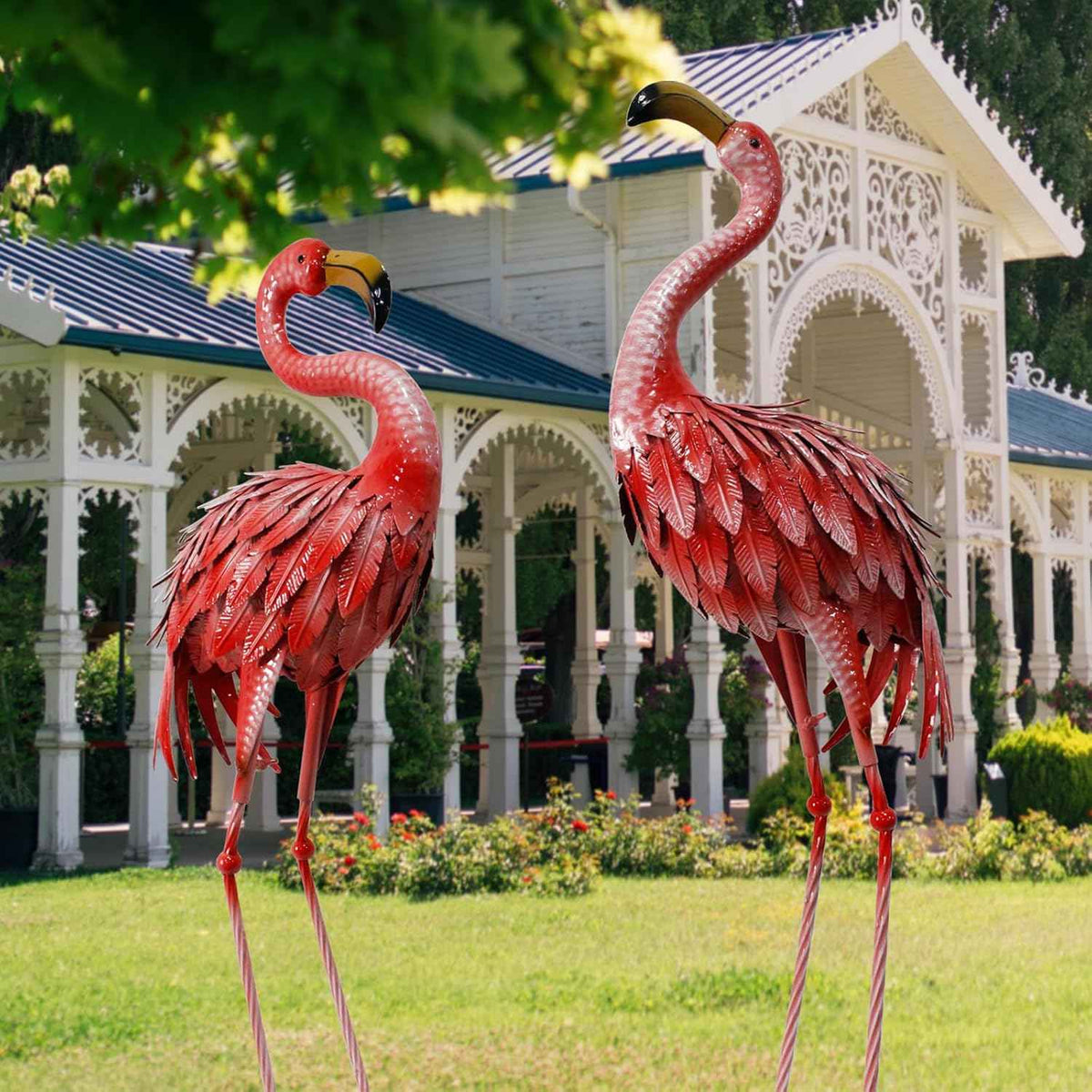 32-36 Inch Yard Flamingos Garden Statues, Metal Flamingo Outdoor Decor, Vibrant Flamingo Statues for Lawn, Backyard, Porch, Patio, Set of 2