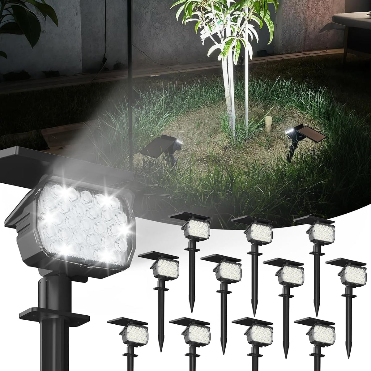 VOLISUN Solar Spotlight Outdoor, IP67 Waterproof Solar Landscape Spot Lights,Uplights for Yard Garden Pathway - 12 Pack (Cool White) 27 LED 3 Lighting Modes