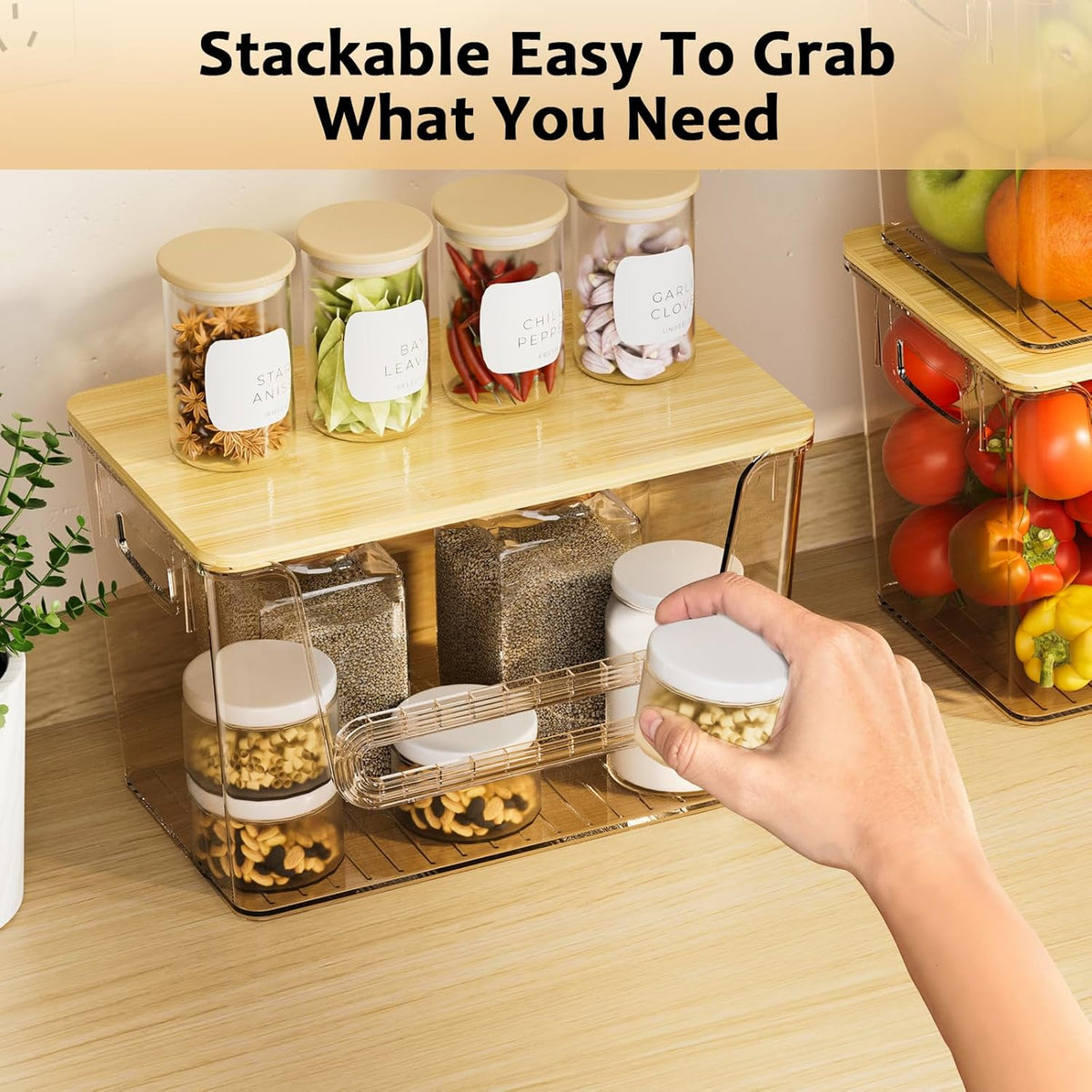 Delamu 2 Set Pantry Organizers and Storage,Trash Bag Dispenser with Bamboo Top,Stackable Trash Bag Dispenser Under Sink Organizer for 4-30 GalBags,Onion,Potato,Fruits,Amber(11-7/32"L*7" W*7-1/8"H) - Field & Nook