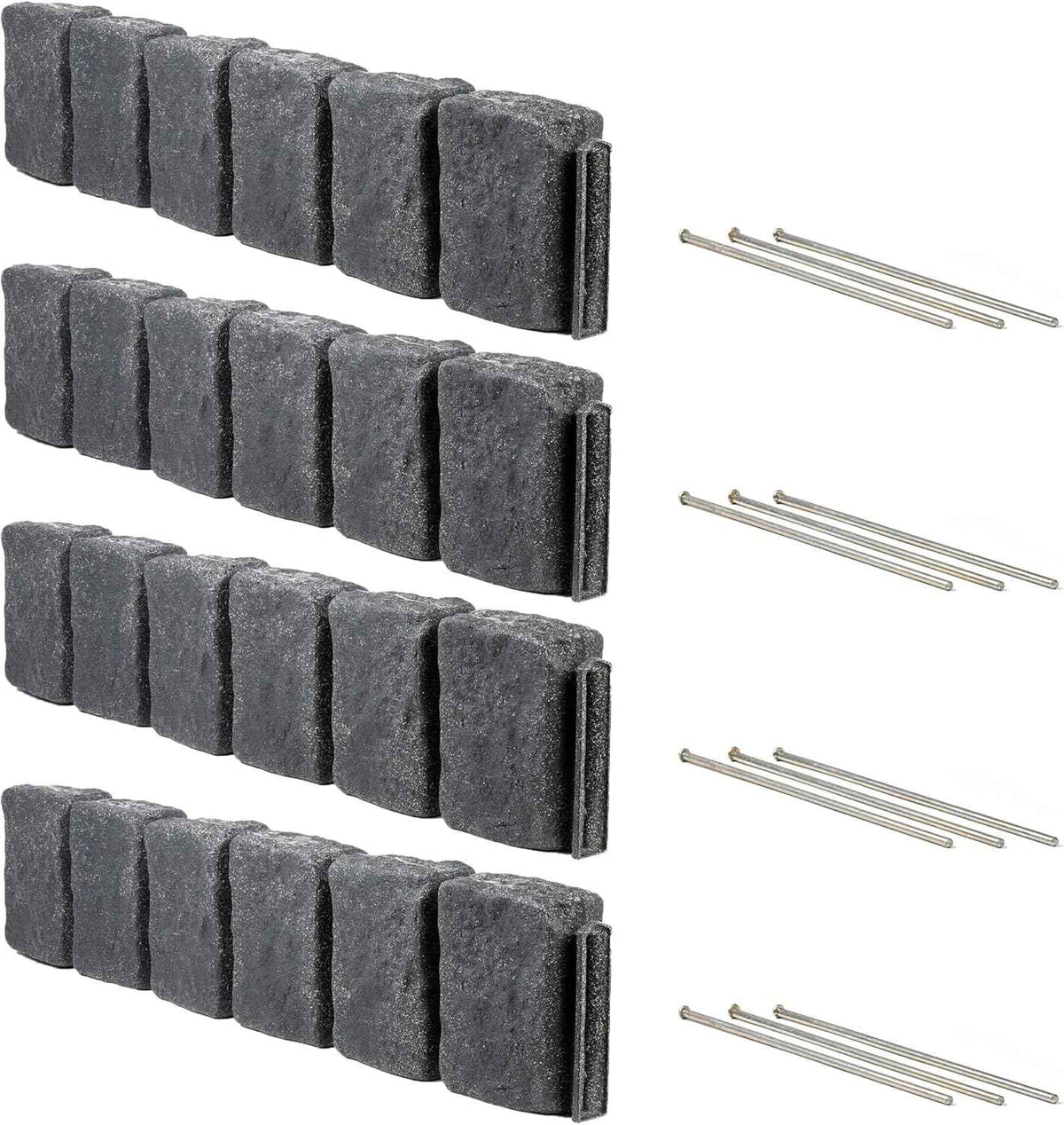 Beuta Landscape Edging | Garden Edging Border | Faux Stone Block XL for Lawn Edging, Flower Beds & Yard Edging – 4 Pack | Each Section Has 6 Blocks 48" L x 4" W x 9.5" H | 12 Spikes | Charcoal