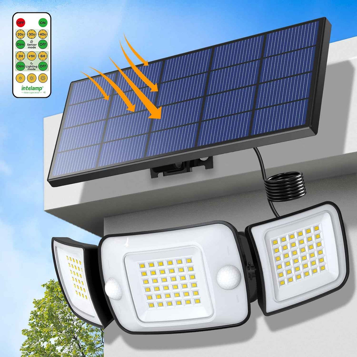 intelamp Solar Flood Lights Outdoor Waterproof, 6000mAh 1200LM Solar Powered Dual Motion Sensor LED Lighting Dusk to Dawn Security Floodlight Exterior with Remote 9.8ft Cable for Outside Garden House