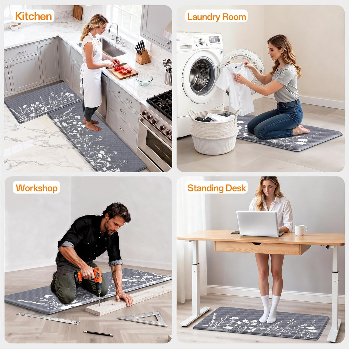 Anti-Fatigue Kitchen Mat Set of 2 | Grey | 17.3"x30" + 17.3"x47" | Non-Slip Cushioned Floor Rug