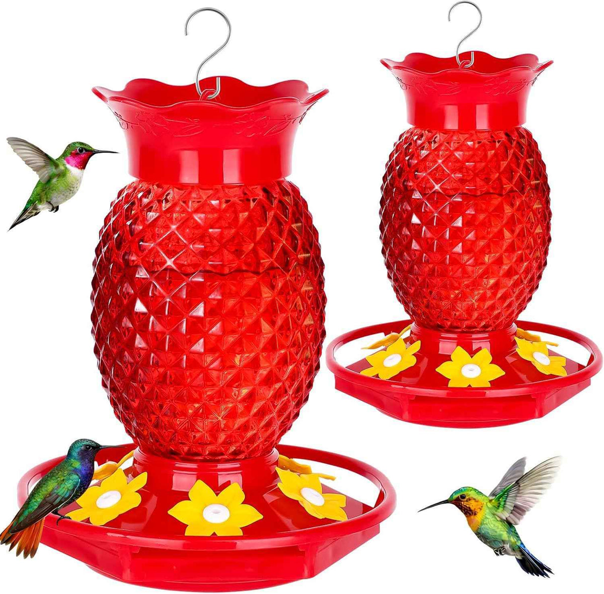 Fchstaer Glass Hummingbird Feeders for Outdoors Hanging 16oz 2 Pack Red Pineapple Bee & Ant Proof 360°Perch Leakproof Easy Clean with 6 Feeding Ports Gifts for Mom