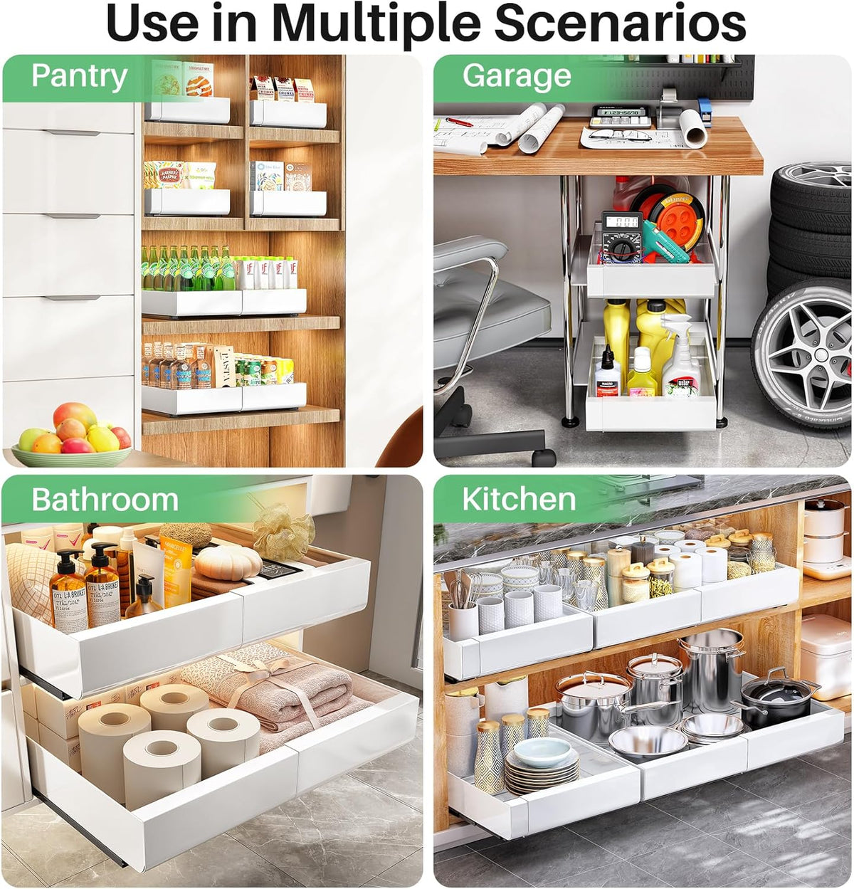 Kitstorack Pull out Cabinet Organizer, Expandable(12"-20") Heavy Duty Slide out Drawers Fixed with Adhesive Nano Film for Pots, Roll out Shelf Storage for Kitchen Base Cabinet Organization(White) - Field & Nook