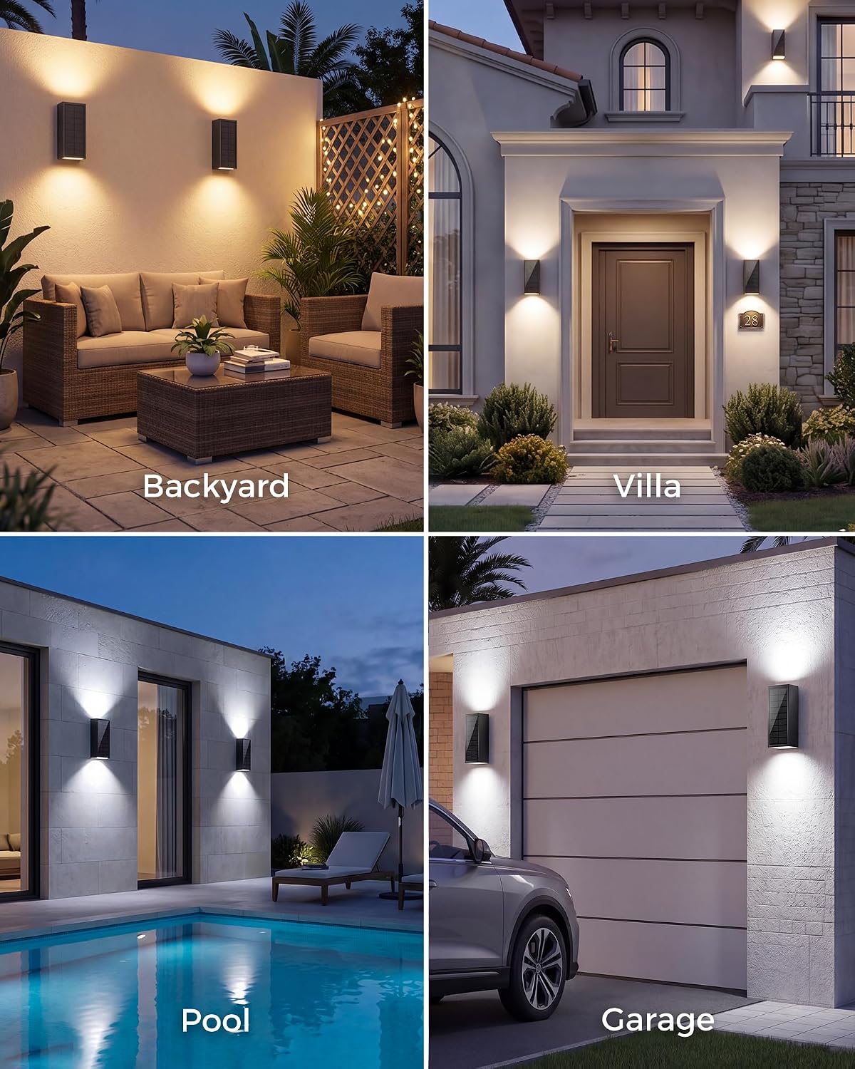 2Pack Solar Wall Lights Outdoor, Dusk to Dawn Up Down Wall Sconce, USB-C Rechargeable Backup, 3CCT Dimmable, IP65 Waterproof LED Exterior Lighting for Front Door Garage Patio Shed