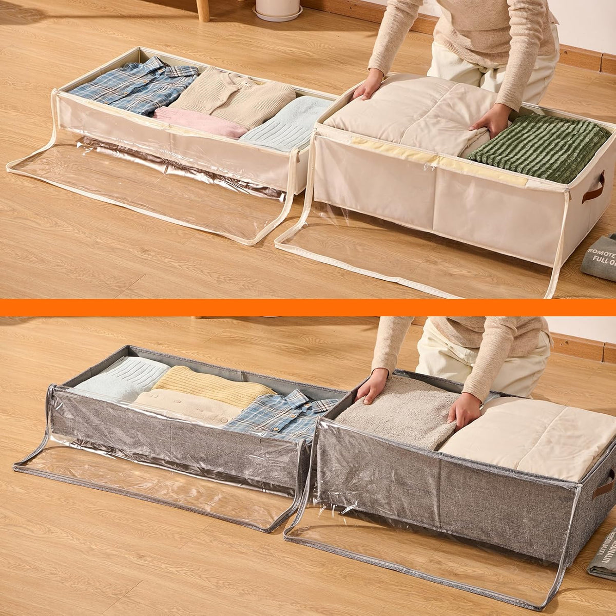 6 Inches Under Bed Storage with Wheels Pack of 2, Underbed Shoe Storage Container Bin with Clear Lid Cover, Rolling Under Bed Drawer Storage Bag Basket for Shoe Organizer Sheet Sweater - White - Field & Nook