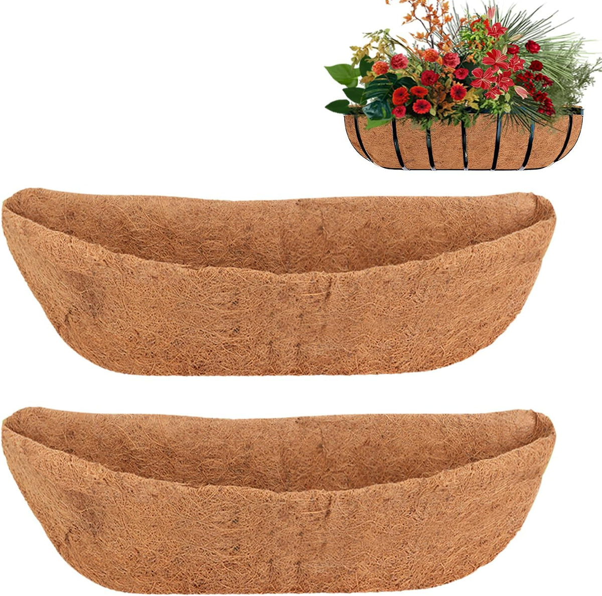 2 Pack 36 Inch Trough Coco Liner for Planters, Pre-Formed Coconut Coir Replacement Liner, Natural Coconut Fiber for Window Flower Box, Fence Flower Baskets, Garden Flower Pot