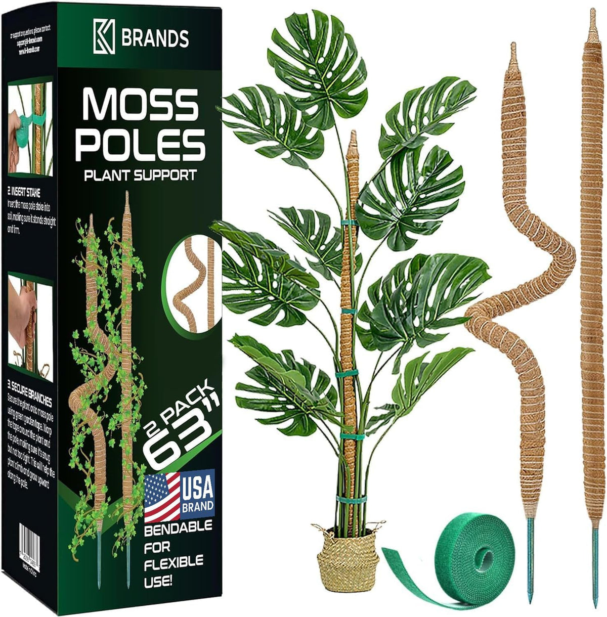 2 Pack 63'' Bendable Moss Pole Monstera Plant Support for Large Climbing Indoor Plants - Stakes for Potted Climbers - Tall Sticks Indoor Trellis for Houseplants - Accessories for Monstera Pot