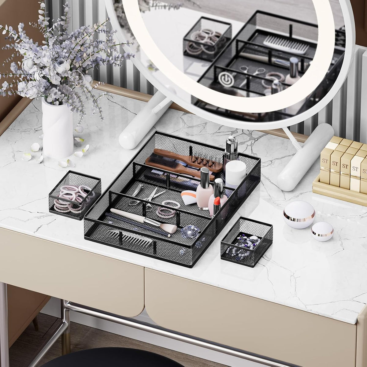 Marbrasse 3 Packs Desk Drawer Organizers, Metal Mesh Dividers Desk Drawer Organizer Tray with 9 Adjustable Compartments, Pen Organizer for Drawer Tray Box Accessories for Desktop,Kitchen, Makeup | Anti-Slip Storage Tray, 9 Adjustable Compartments, Pen ... - Field & Nook