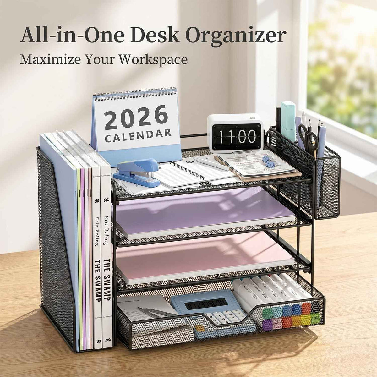 Desk Organizers and Accessories, 4-Tier Desktop File Organizer with Drawer and Pen Holders, Office Desk Accessories Workspace Organizers for Office Supplies (Black)