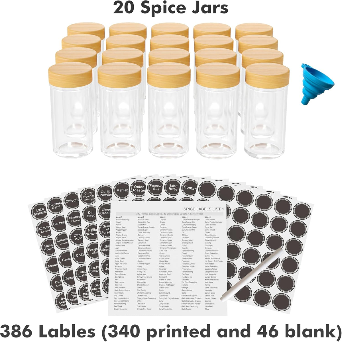 Revolving Spice Rack Set with 20 Spice Jars, Kitchen Spice Tower Organizer for Countertop or Cabinet - Carousel Storage Includes 386 Spice Labels (Bamboo) - Field & Nook