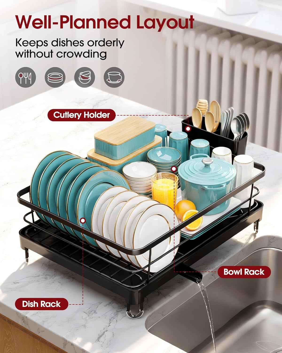 Sakugi Stainless Steel Dish Drying Rack, Black, 12.5''W x 16.5'L
