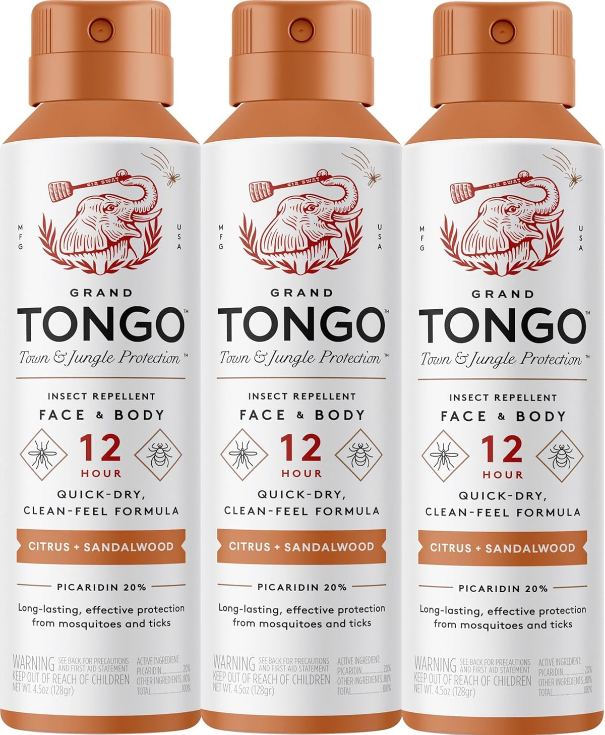 Citrus + Sandalwood Insect Repellent, 12-Hour Mosquito & Tick Protection, Picaridin-Based, Water-Based, Lightweight, Quick-Drying, Vanishing Scent, DEET Alternative, Face & Body Use,3 Pack