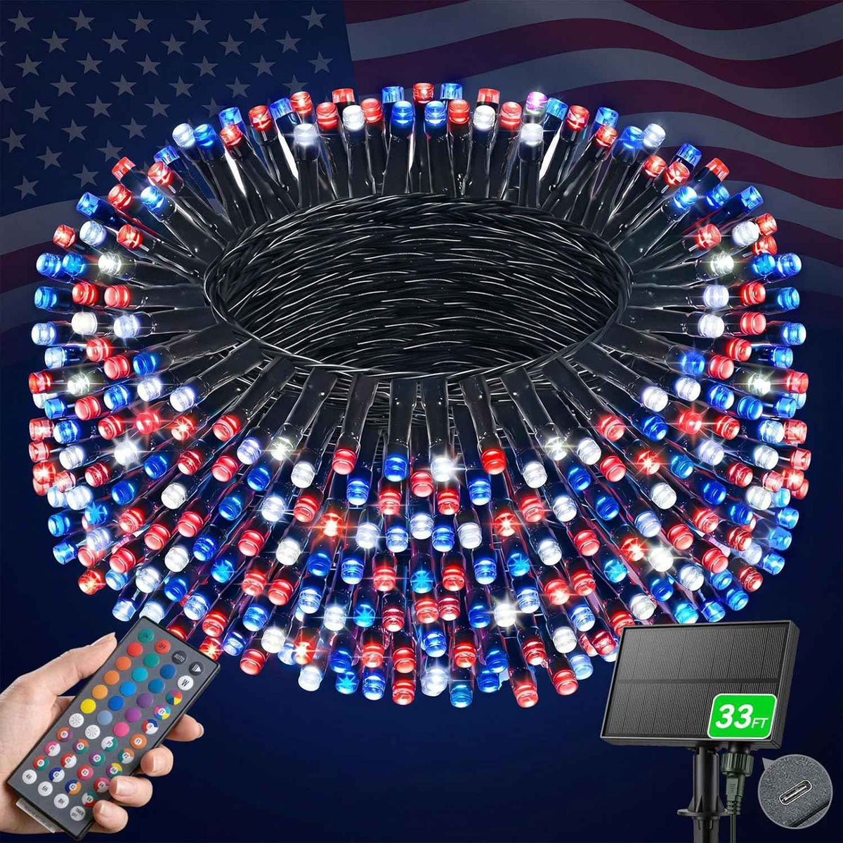 LitHome 34 Colors Solar String Lights Outdoor with Remote, 33FT 100 LED Solar & USB Powered Christmas String Lights, Waterproof Color Changing Light for Garden Patio Yard Tree Fence Decor