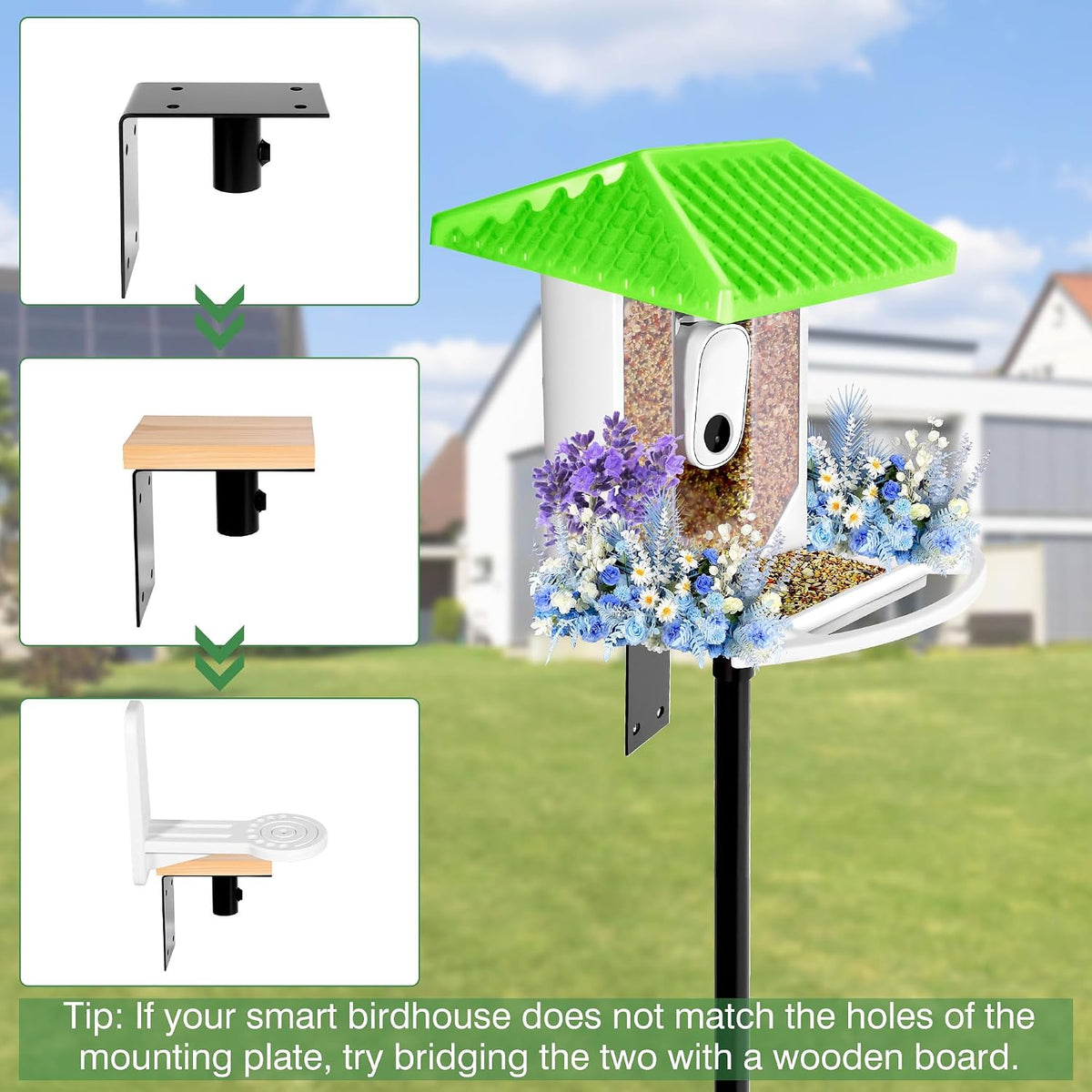YINGYM Bird House Pole for Outdoors with Metal Squirrel Baffle, 95 Inch | Adjustable Bird Feeder Stand Pole with 2-Hooks for Hanging, Heavy Duty Metal Mounting Kit for Garden, Backyard and Patio