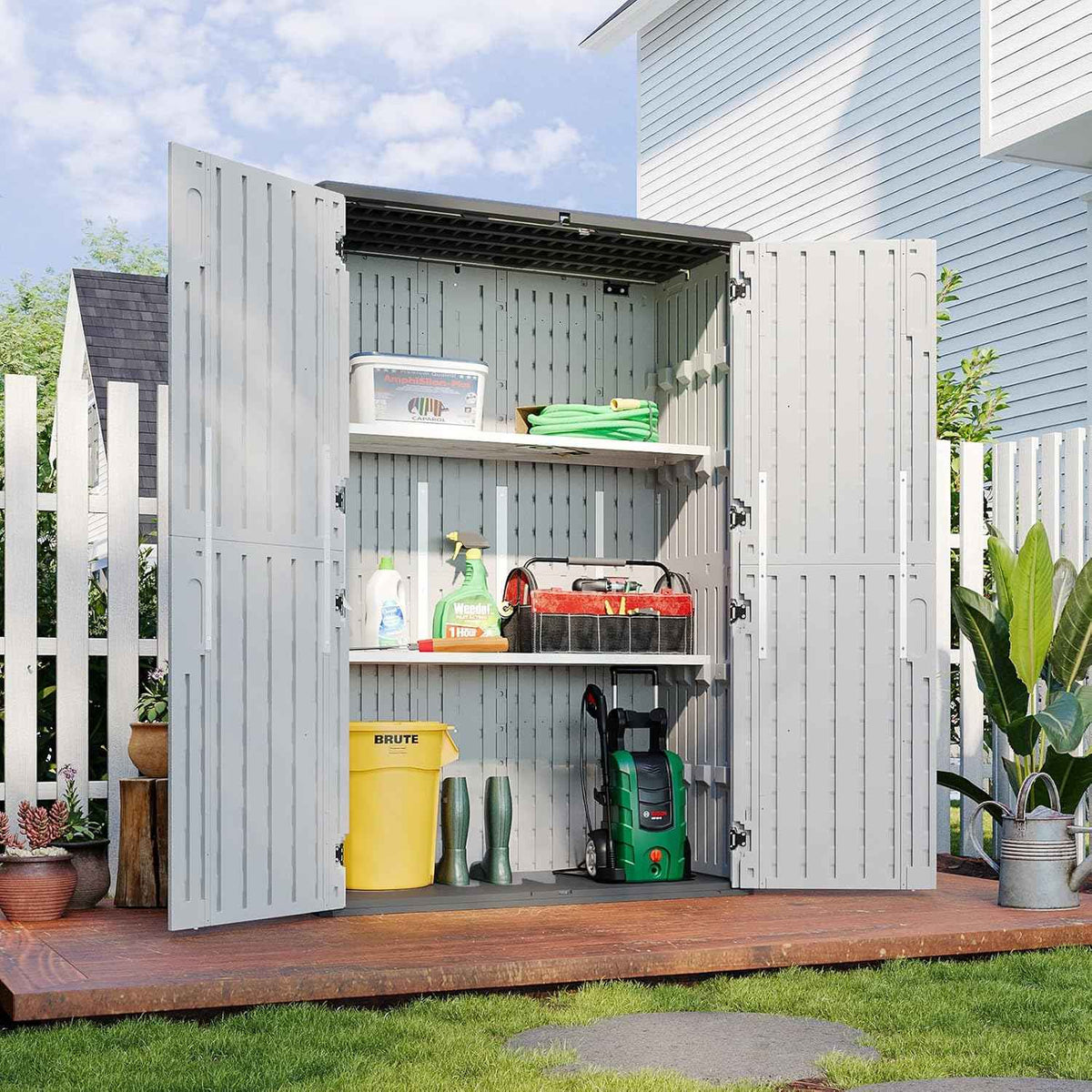Aoxun White Resin Outdoor Storage Shed with 2 Shelves & Floor, 64 Cu.Ft Vertical Waterproof Cabinet for Garage, Pool, Bike, Garden Tools, Patio Furniture