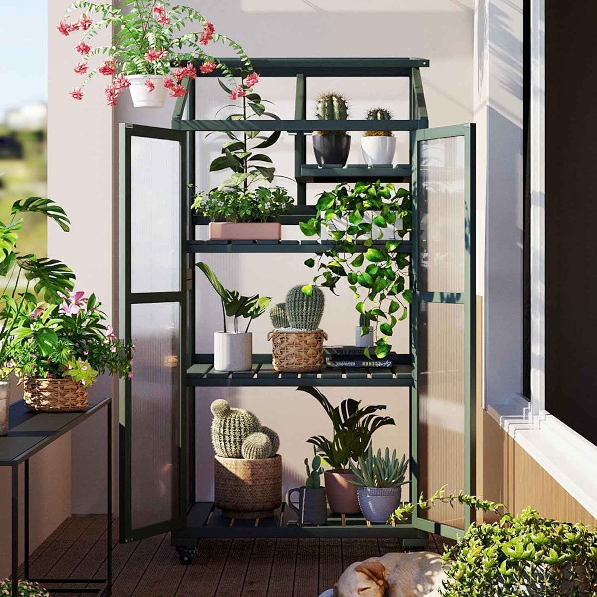 62‘’Wooden Greenhouse, Cold Frame Portable Greenhouse with Wheels and Adjustable Shelves for Indoor Outdoor Patio Balcony Garden, 31.5" Lx22.4 Wx62 H, Green