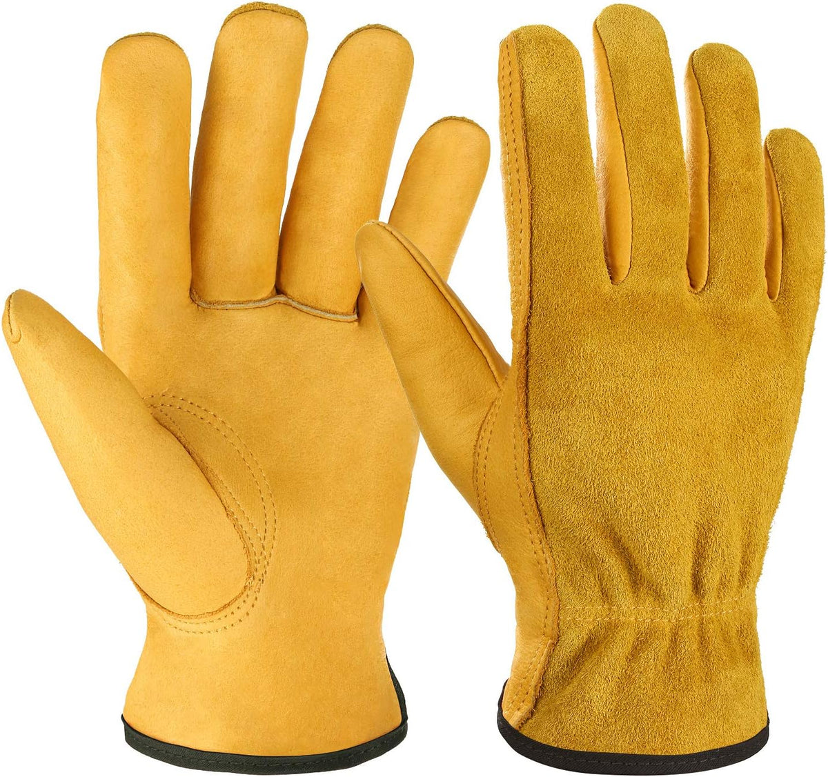 OZERO Leather Work Gloves Flex Grip Tough Cowhide Gardening Glove for Wood Cutting/Construction/Truck Driving/Garden/Yard Working for Men and Women 1 Pair (Gold,Medium)