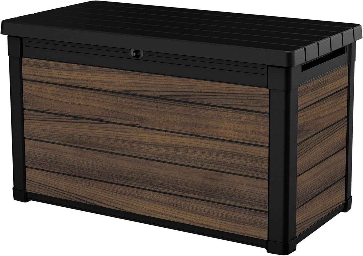 Keter Signature Collection 100 Gallon Resin Deck Box Organization and Storage for Patio Outdoor Cushions, Throw Pillows, Garden Tools and Pool Supplies, Rosewood