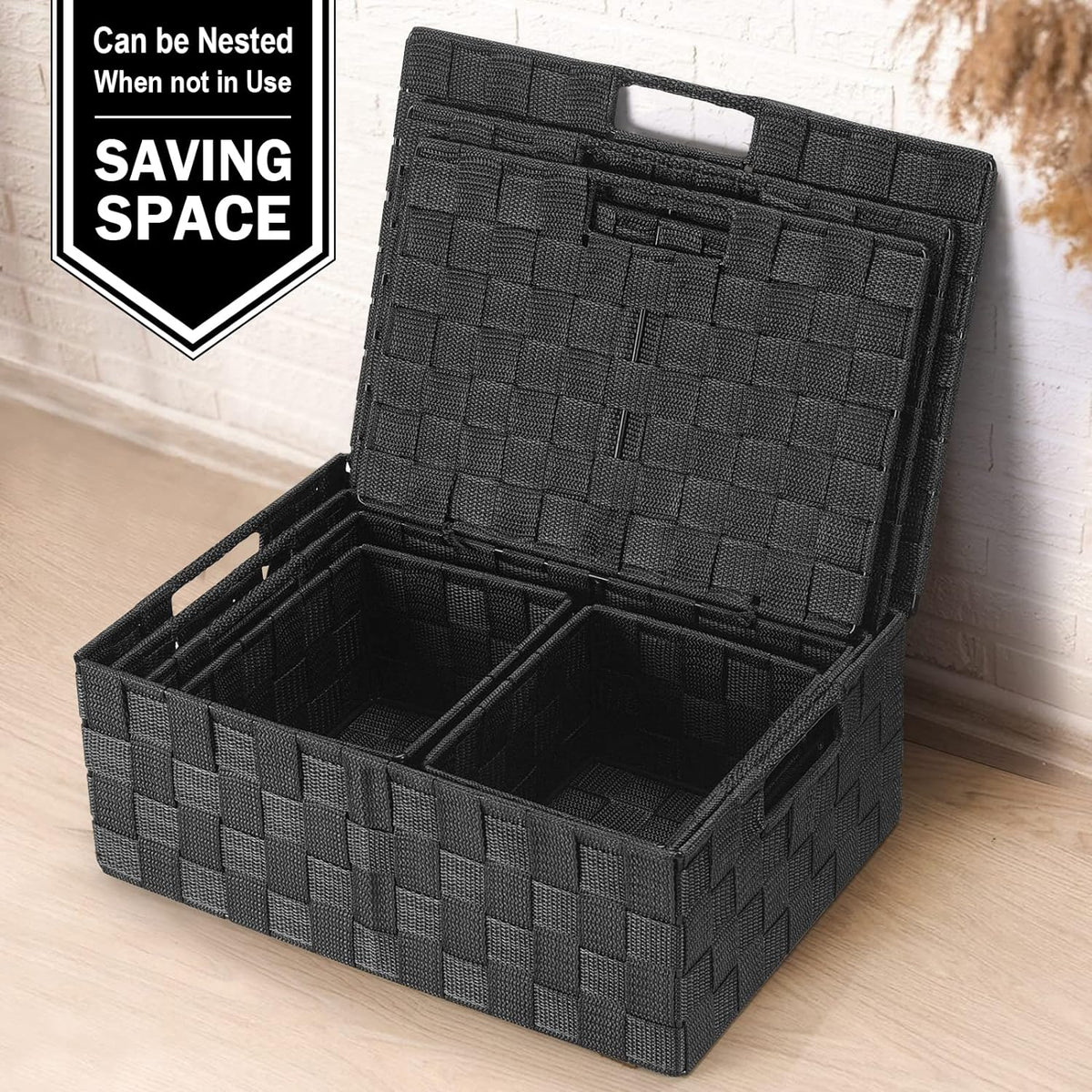 Storage Baskets with Lids: 5 Pack Stackable Woven Storage Bins, Black | Decorative Woven Baskets for Organizing with Built-In Handles for Shelves, Closets, Cabinets and Cubbies, Gift Small Basket - Field & Nook