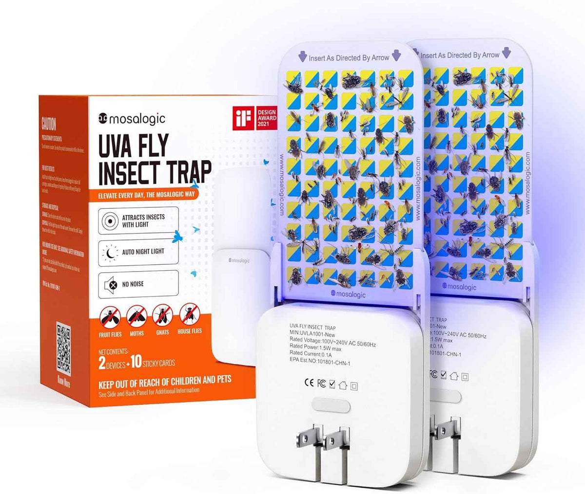Mosalogic Fruit Fly Traps for Indoors Gnat Trap for House Indoor-600 Sqft Protection Area UV Fly Insect Trapper for Fruit Flies,Gnats,Mosquito,and Other Flying Insect Plug-in Bug Killer White 2Pack