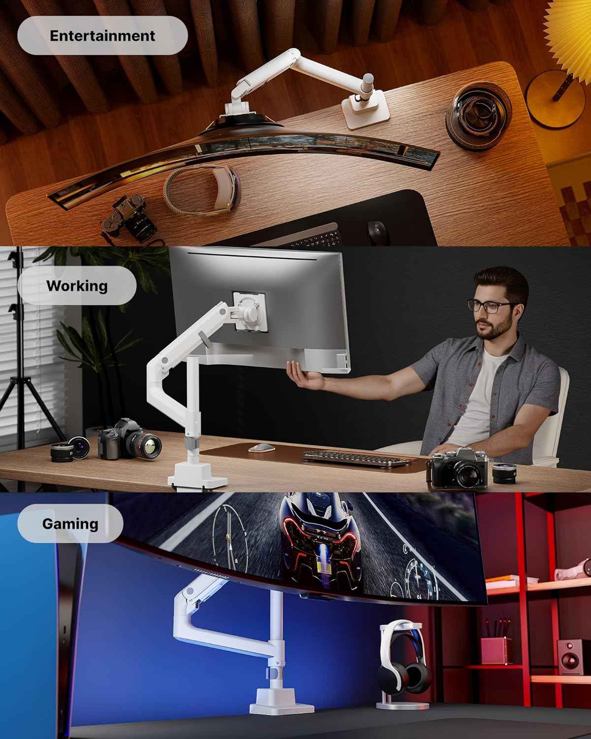 monTEK Ultrawide Monitor Arm Max 57",Height Adjustable 8.1"-25.5",White | Fits 17–57" Curved Monitors, Up to 59.4 lbs,Heavy Duty 75/100 VESA Monitor Stand,No Sag,Gaming & Office Workstation