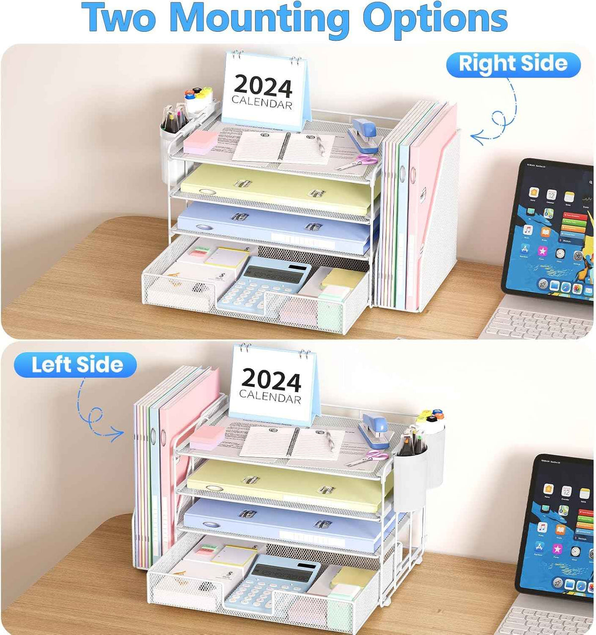 Desk Organizer, 4-Tier Desktop File Organizer with Drawer and Pen Holders, Office Desk Accessories, File Sorters, Workspace Organizers for Office Supplies(White)