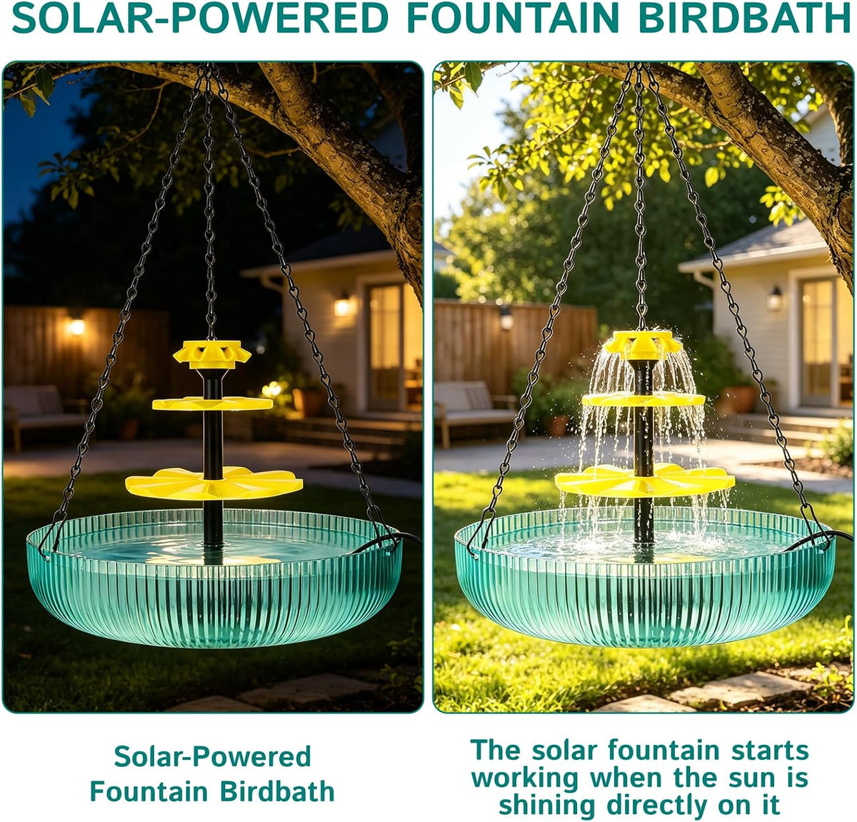 Solar Hanging Bird Bath Fountain with 3-Tier Cascading Waterfall, Outdoor Garden Water Feature with 16.4FT Cord, Bird Feeder & Relaxing Patio Decor for Hummingbirds and Wild Birds