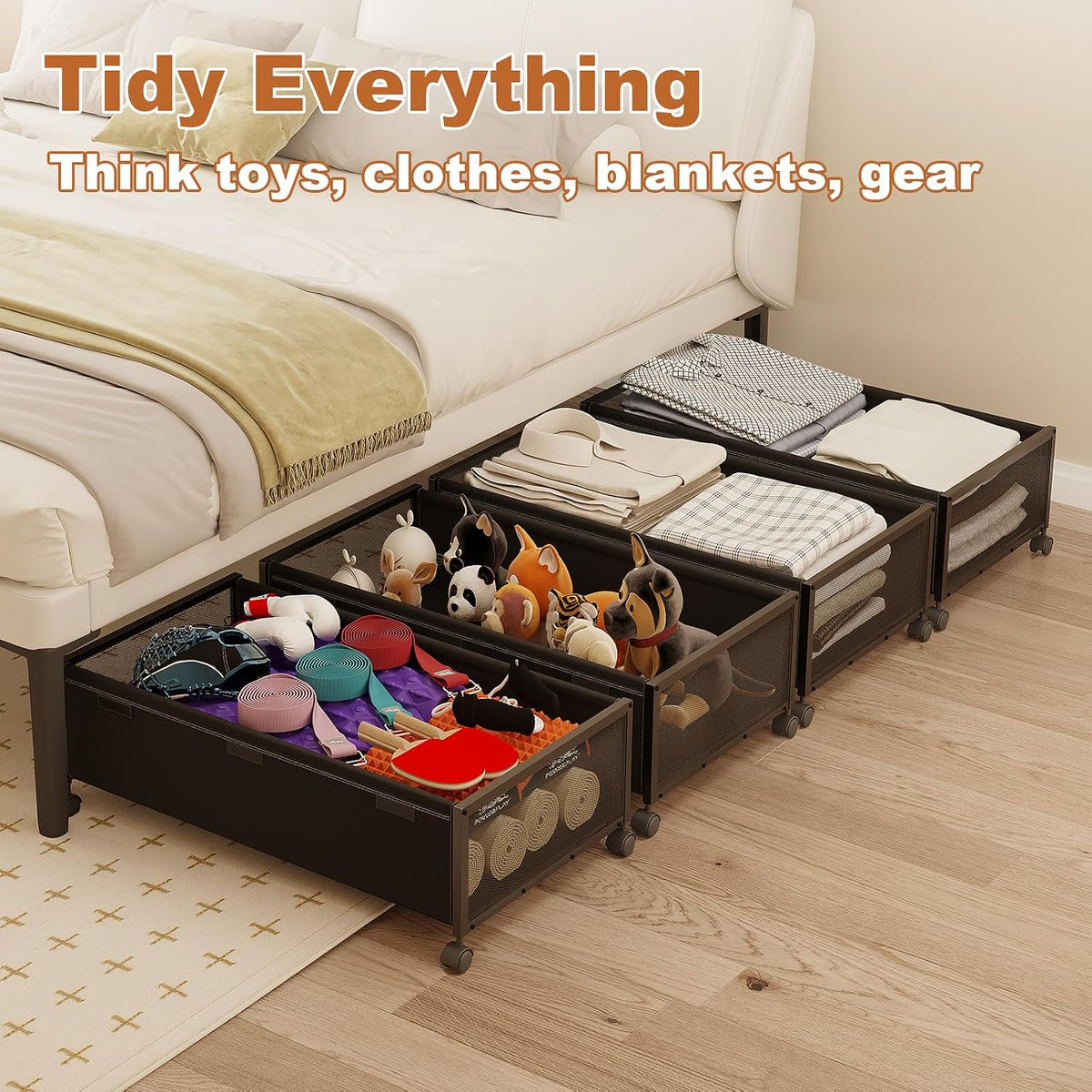 Fokyfok 2Pack Under Bed Storage Containers, 10 inch Height,31 inch Long | Under Bed Shoe Storage,Underbed Storage with Wheels,Large Rolling under bed Clothes Storage Drawers,Lid,Dorm Tall,Black - Field & Nook