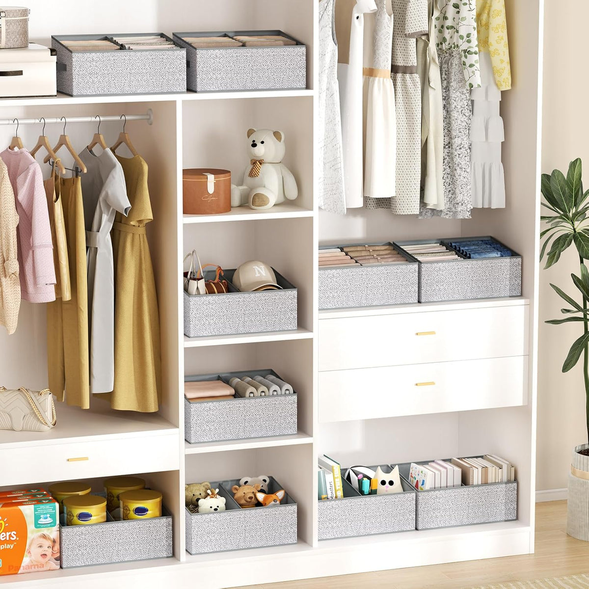 DIMJ Large Closet Shelf Organizer Bins 6 Packs with Handles and Divider, Fabric Trapezoid Storage Baskets, Foldable Clothes Containers Box for Shelf, Towel, Book, Toy, Purse, Hats, Grey - Field & Nook