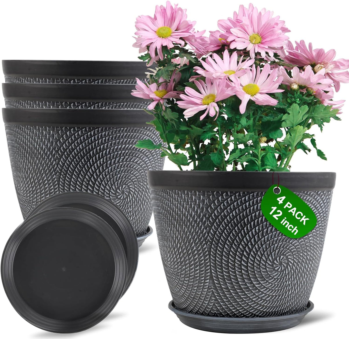 Quarut Large 12 Inch Plant Pot for Plants Outdoor Indoor, 4 Pack Plastic Flower Pots with Drainage Hole & Saucer, Modern Decorative Garden Pot with Saucer, Plant Container for House(Gray)