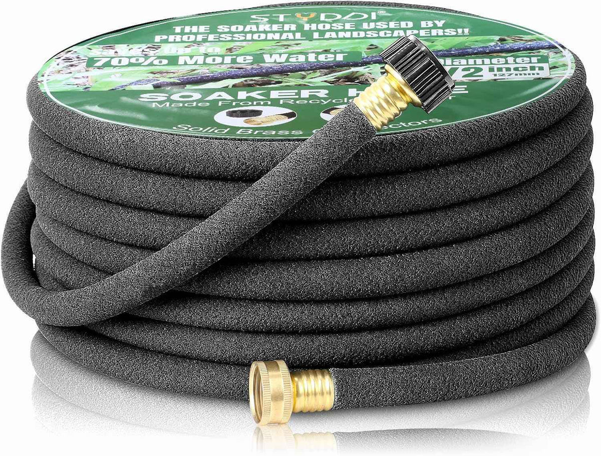 STYDDI Soaker Hose, 1/2" x 50 FT Round Rubber Garden Soaker Hose, Heavy Duty Water Seeper Soaker Hoses for Foundation Watering, Garden Beds, Garden, Lawn and Plants