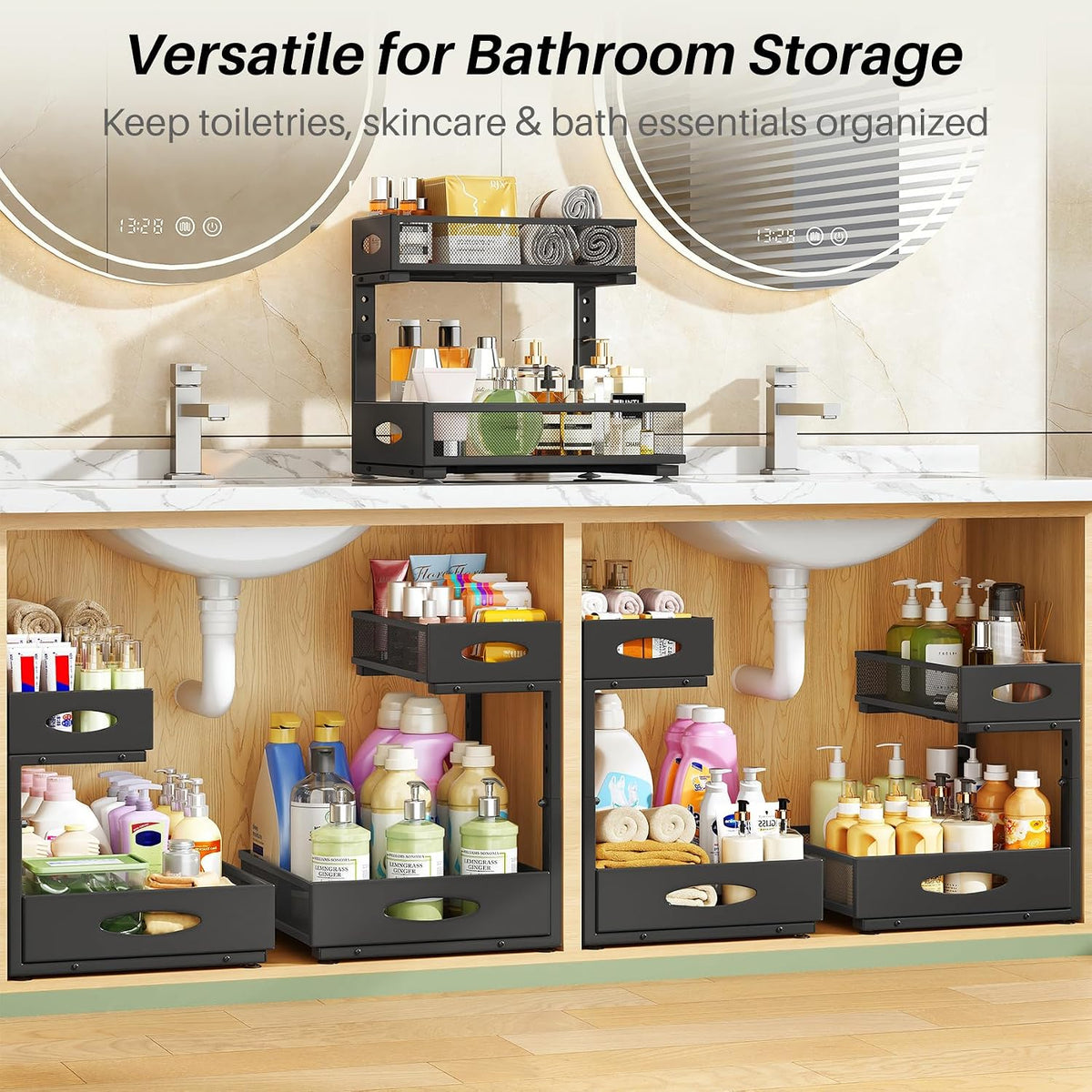 Under Sink Organizer, 1-Pack Pull Out Cabinet Organizer 2 Tier Metal Slide Out Storage Shelf Rack, L-Shaped Adjustable Height,Mesh Sliding Drawer for Kitchen, Bathroom, Laundry, Pantry, Black, XL - Field & Nook