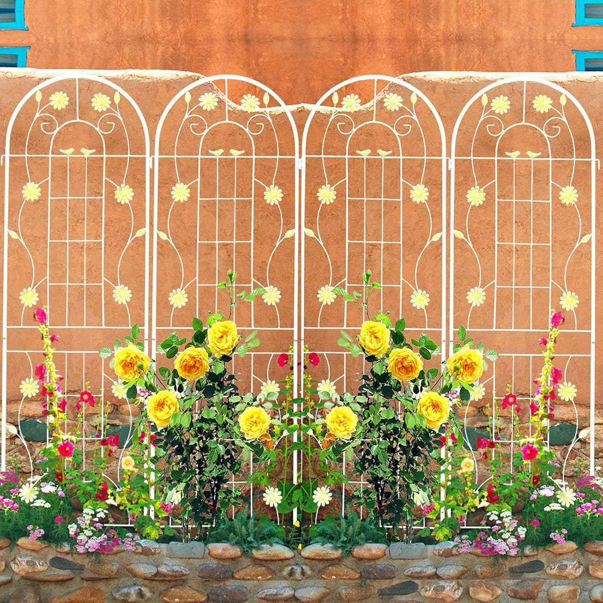 4 Pack Metal Garden Trellis 71" H Cream White Garden Fence Rustproof Trellis for Climbing Plants Support Roses Flower Outdoor Lawn, White 6FT