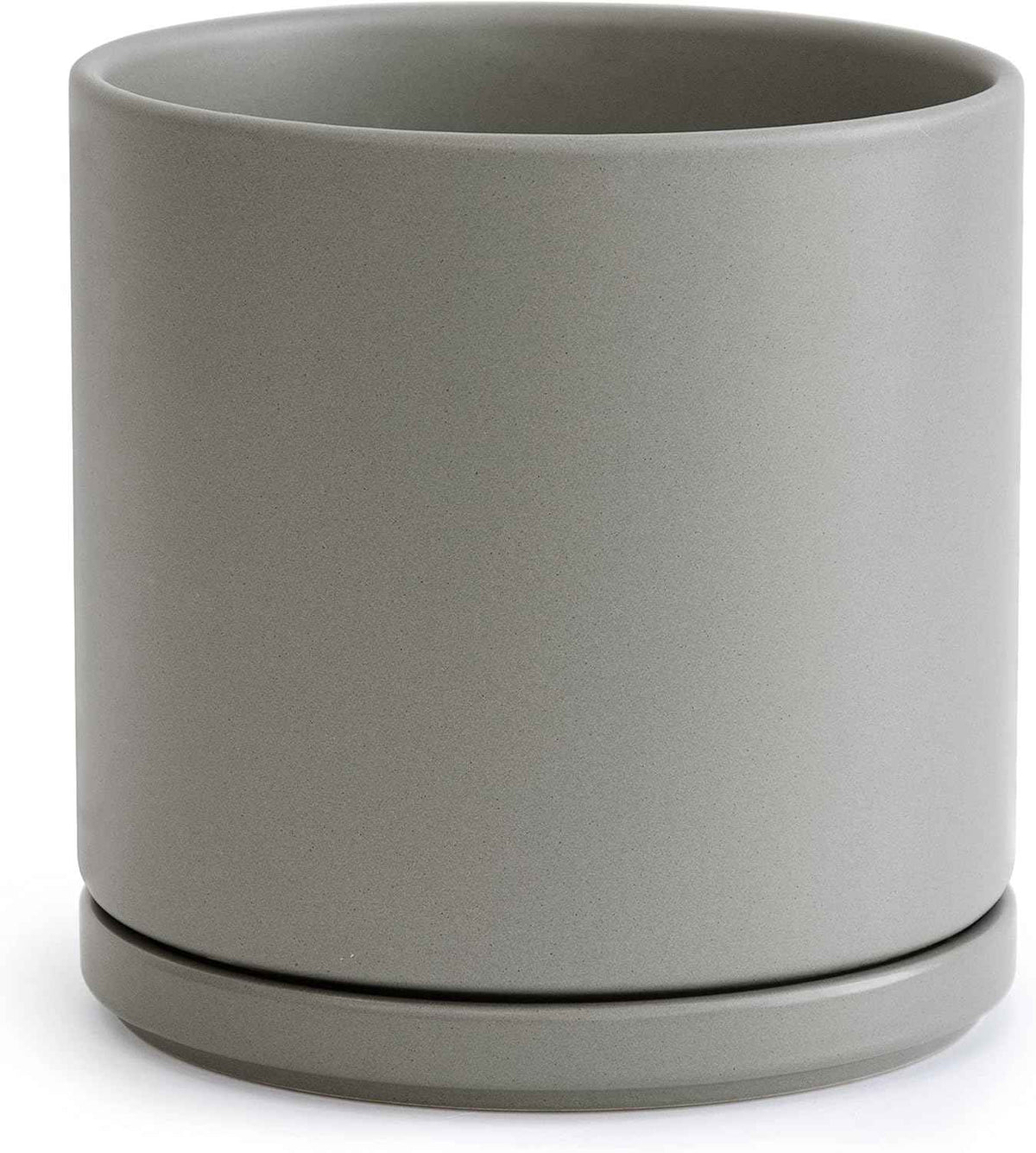 D'vine Dev 10 Inch Ceramic Planter Pot with Drainage Hole and Saucer, Indoor Cylinder Round Planter Pot, Grey, 94-O-E-3