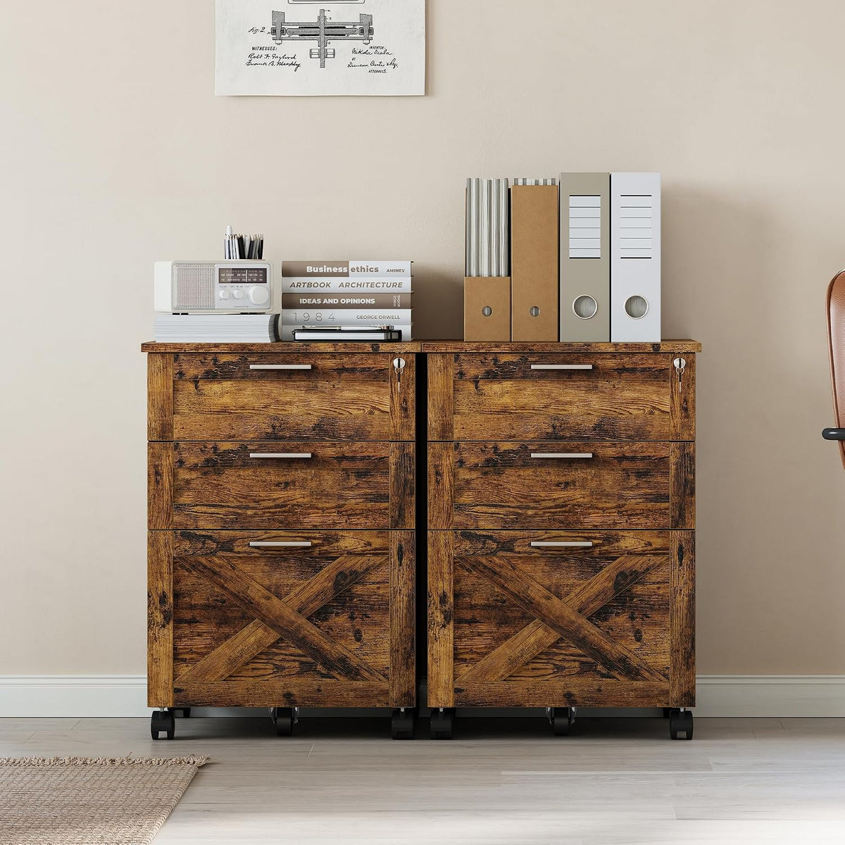 3-Drawer Rolling File Cabinet with Lock - Wooden Mobile Filing Cabinet for Home Office, Under Desk Storage Organizer fits Letter/A4/Legal Size, Sturdy Printer Stand with Locking Casters, Rustic Brown - Field & Nook