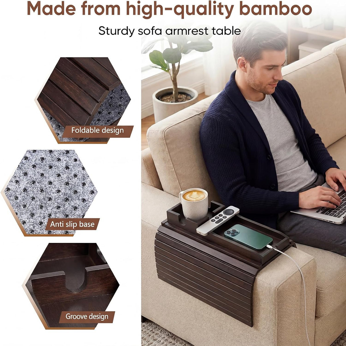 Foldable Bamboo Couch Arm Tray – Cup Holder for 4.7–16.9 Inch Armrests