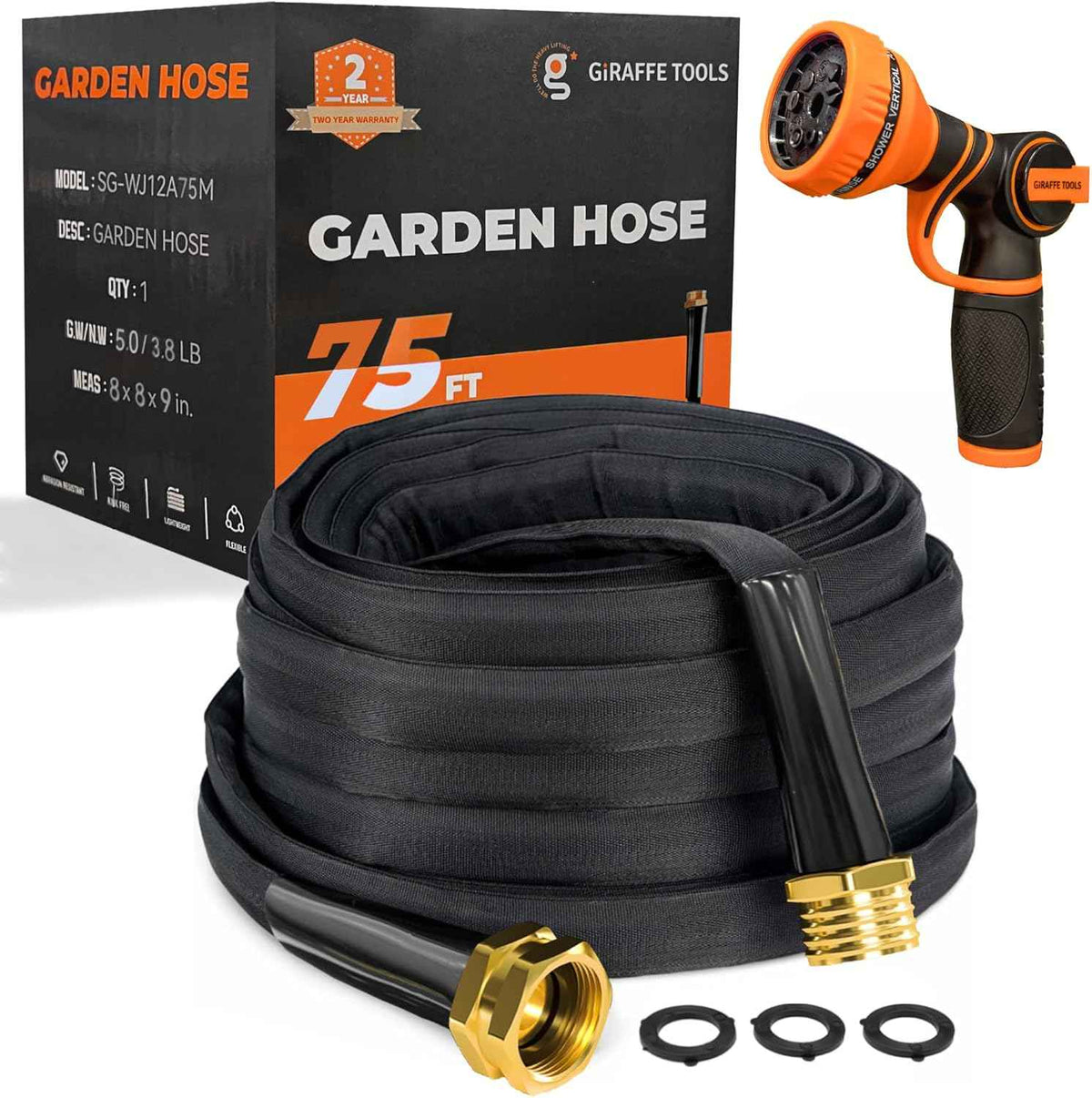 Giraffe Tools Garden Hose 75FT Lightweight Lay Flat Water Hose Kink Free Flexible Hose with 9 Spray Function Nozzle(Black)