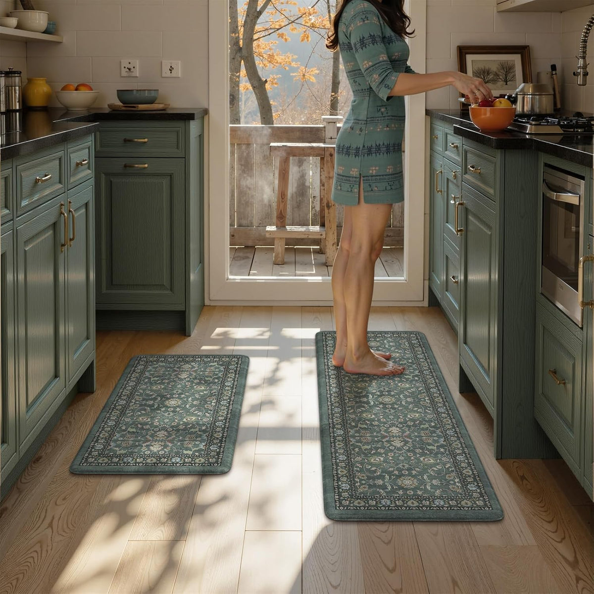 KIMODE Kitchen Mats for Floor Cushioned Anti Fatigue,Kitchen Rugs Sets of 2 | 17.3"x47"+ 17.3"x29",Dark Green,Vintage Kitchen Rug Non Slip,Memory Foam Carpet for Laundry Office Home Decor