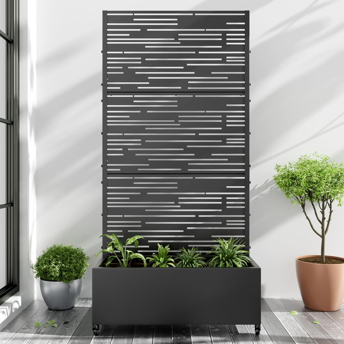 Casaphoria Metal Raised Garden Bed with Trellis and Wheels, 72"x35"x16" Planter Box for Climbing Plants, Vegetables & Vines, Features Drainage Holes and Privacy Screen (Black-Shine)