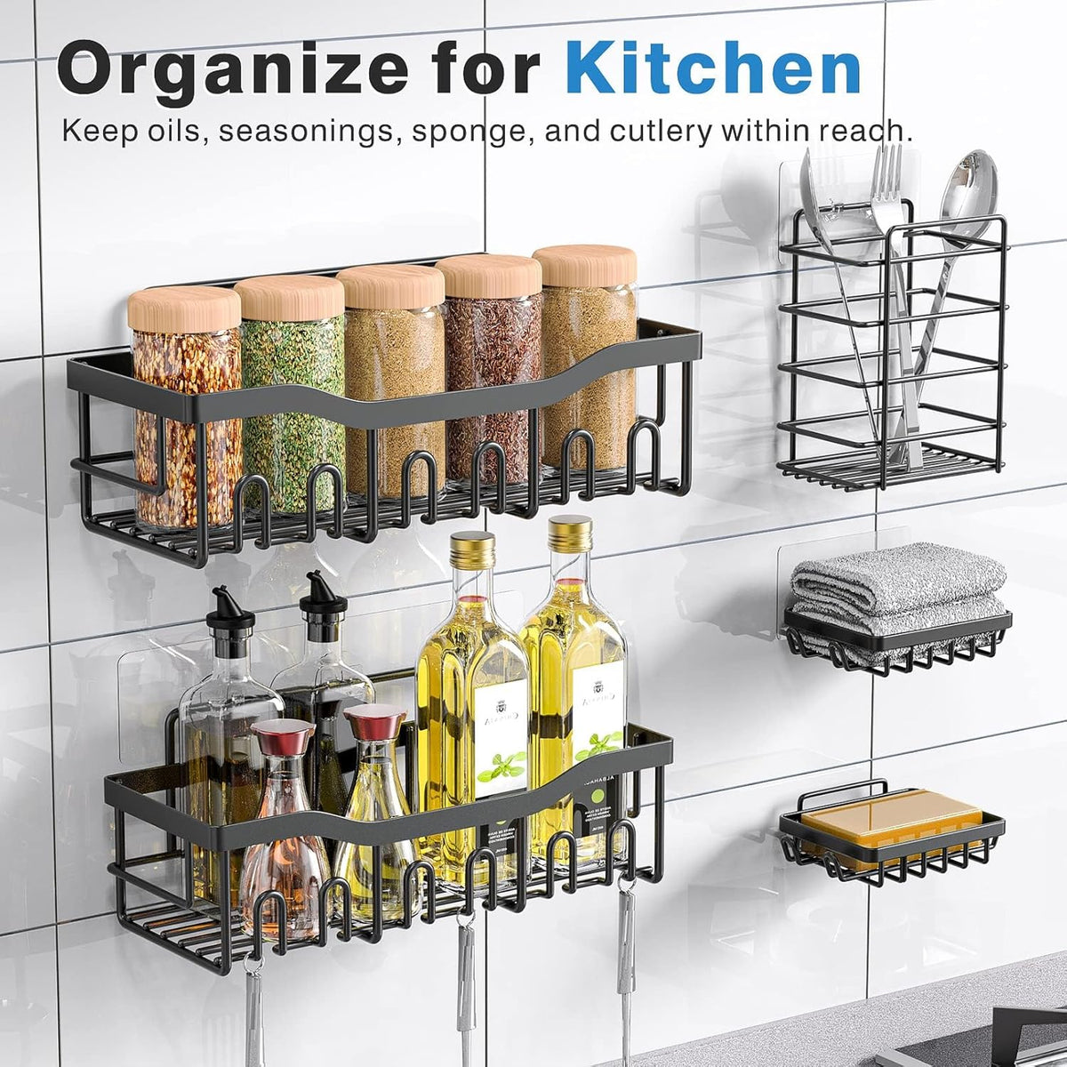 Adhesive Shower Caddy Set – 5-Piece Rustproof Wall Organizer